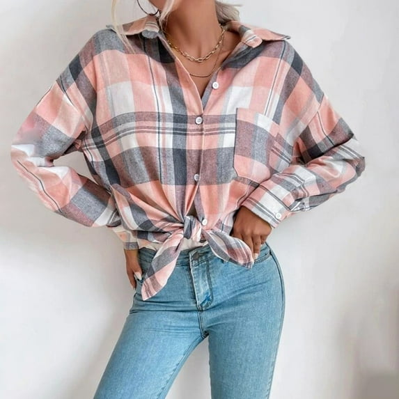 Jsaierl Womens Button Down Flannel Shirts Long Sleeve Plaid Shackets Business Casual Blouse Top