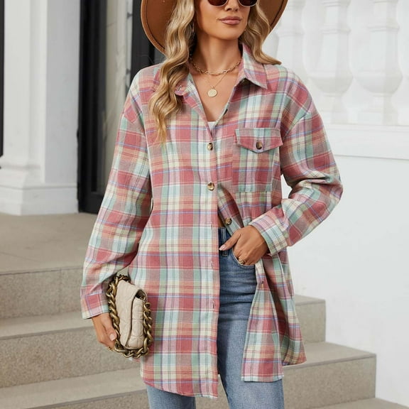 Jsaierl Womens Button Down Flannel Shirts Long Sleeve Plaid Shackets Business Casual Blouse Top