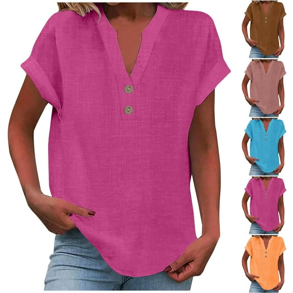 Jsaierl Womens Button Down Linen Shirt Short Sleeve V Neck Shirts Solid Color Comfy Tops Summer Casual Dressy Tunic Top