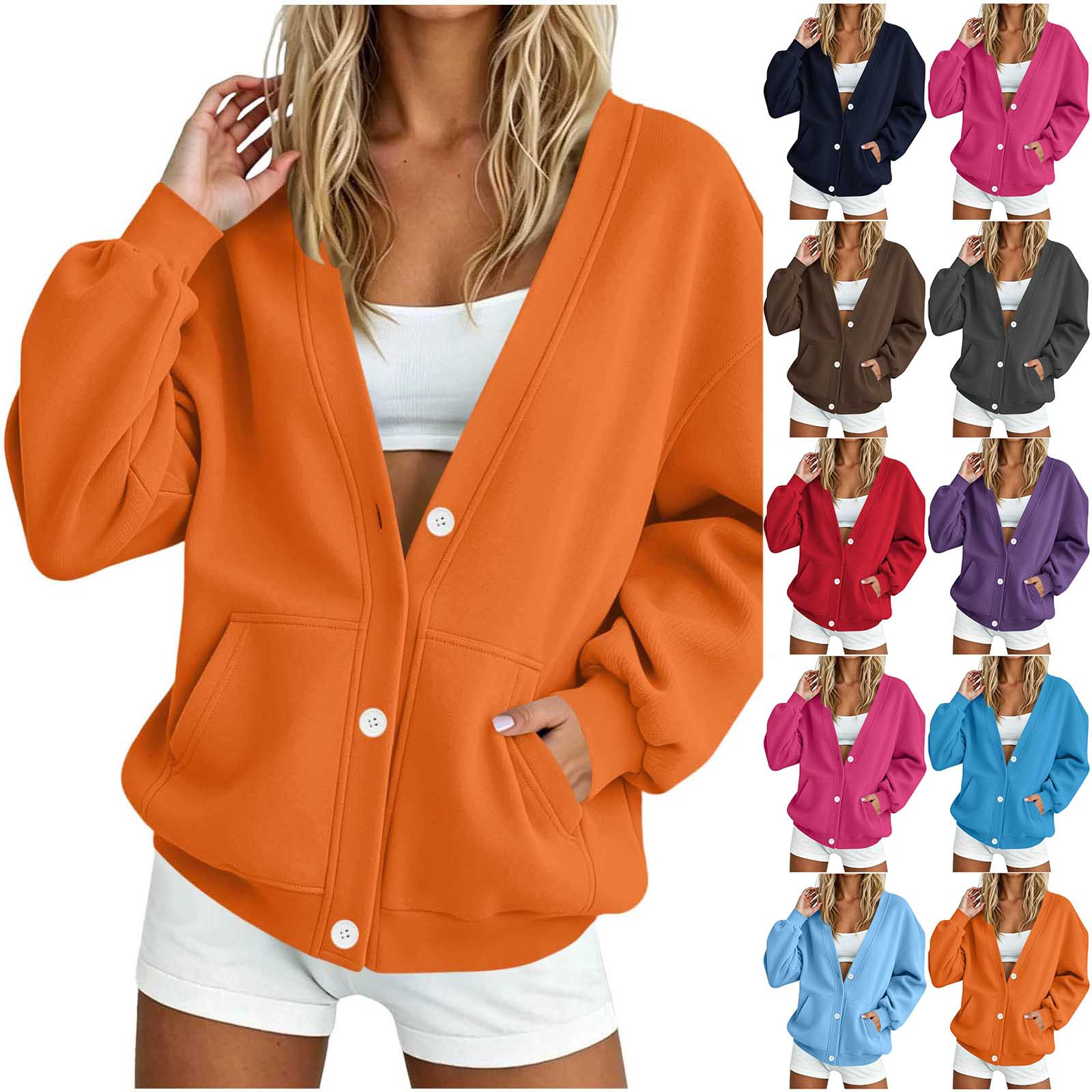 Jsaierl Womens Button Down Sweatshirts Plus Size Solid Color Open Front Cardigan Holiday Loose Fit Cotton Work Long Sleeve Jackets