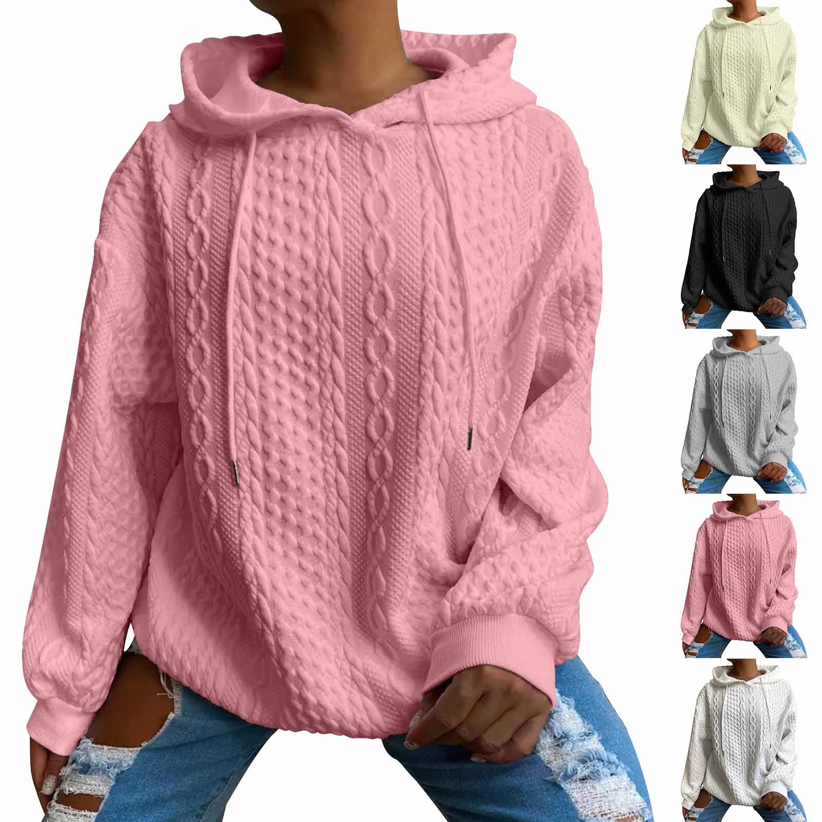 Jsaierl Womens Cable Knit Hoodies Loose Fit Solid Color Hooded Sweatshirt Trendy Pullover Working Out Long Sleeve Tops Fall Clothes S-2XL