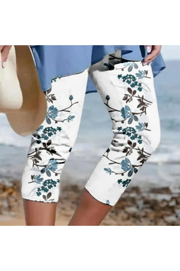 Womens Capri Pants Casual Elastic Waist Capri Shorts Ladies Wide Leg Cotton Skimmer Capris Sports Print Stretch Capris Capri for Women