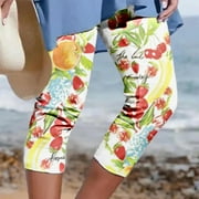 Jsaierl Womens Capri Pants Casual Elastic Waist Capri Shorts Ladies Wide Leg Cotton Skimmer Capris Sports Print Stretch Capris Capri for Women Clearance Under 10