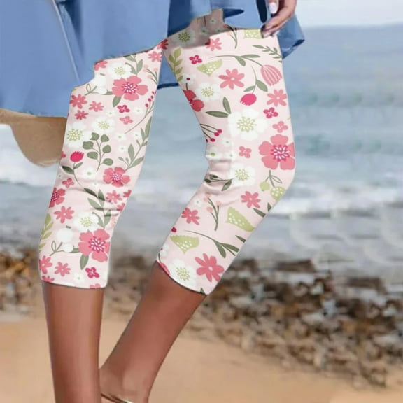 Jsaierl Womens Capri Pants Casual Elastic Waist Capri Shorts Petite Wide Leg Cotton Skimmer Pants Beach Print Athletic Capris Women's Capris Under 10