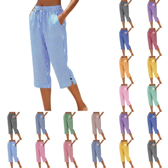Jsaierl Womens Capri Pants Striped Straight Leg Drawstring Elastic High Waist Casual Cropped Pant Loose Fit Capris with Pockets