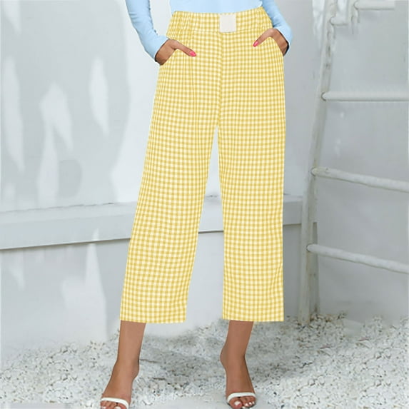 jsaierl Womens Capri Pants Summer Elastic Waist Capri Shorts Petite Wide Leg Drawstring Skimmer Capris Beach Plaid Print Stretch Capris Capri for Women