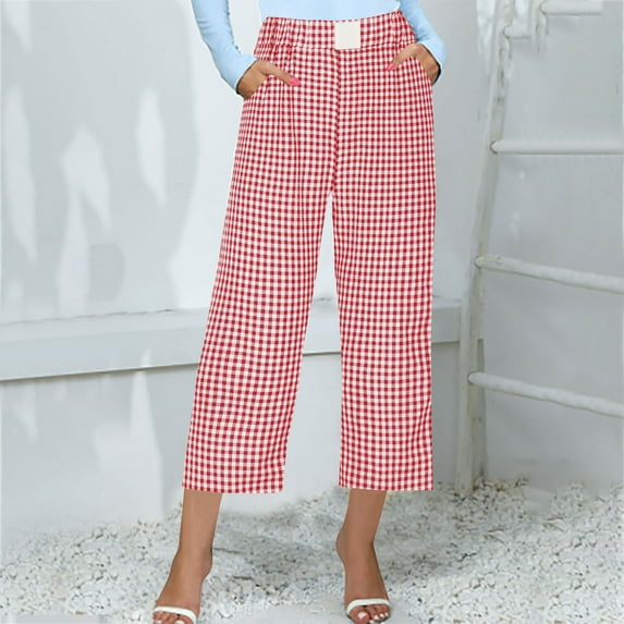 jsaierl Womens Capri Pants Summer Elastic Waist Capri Shorts Petite Wide Leg Drawstring Skimmer Capris Beach Plaid Print Stretch Capris Capri for Women