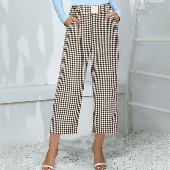 jsaierl Womens Capri Pants Summer Elastic Waist Capri Shorts Petite Wide Leg Drawstring Skimmer Capris Beach Plaid Print Stretch Capris Capri for Women