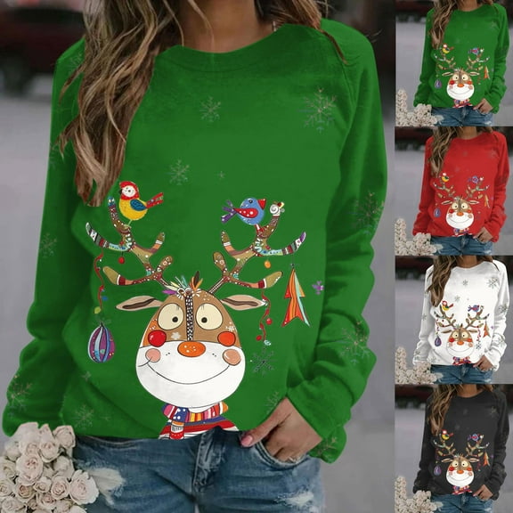 Jsaierl Womens Christmas Fleece Sweatshirts Funny Xmas Graphic Sweatshirt Loose Fit Pullover Sweater Tops Crewneck Tunic Long Sleeve Shirts Christmas Clothes