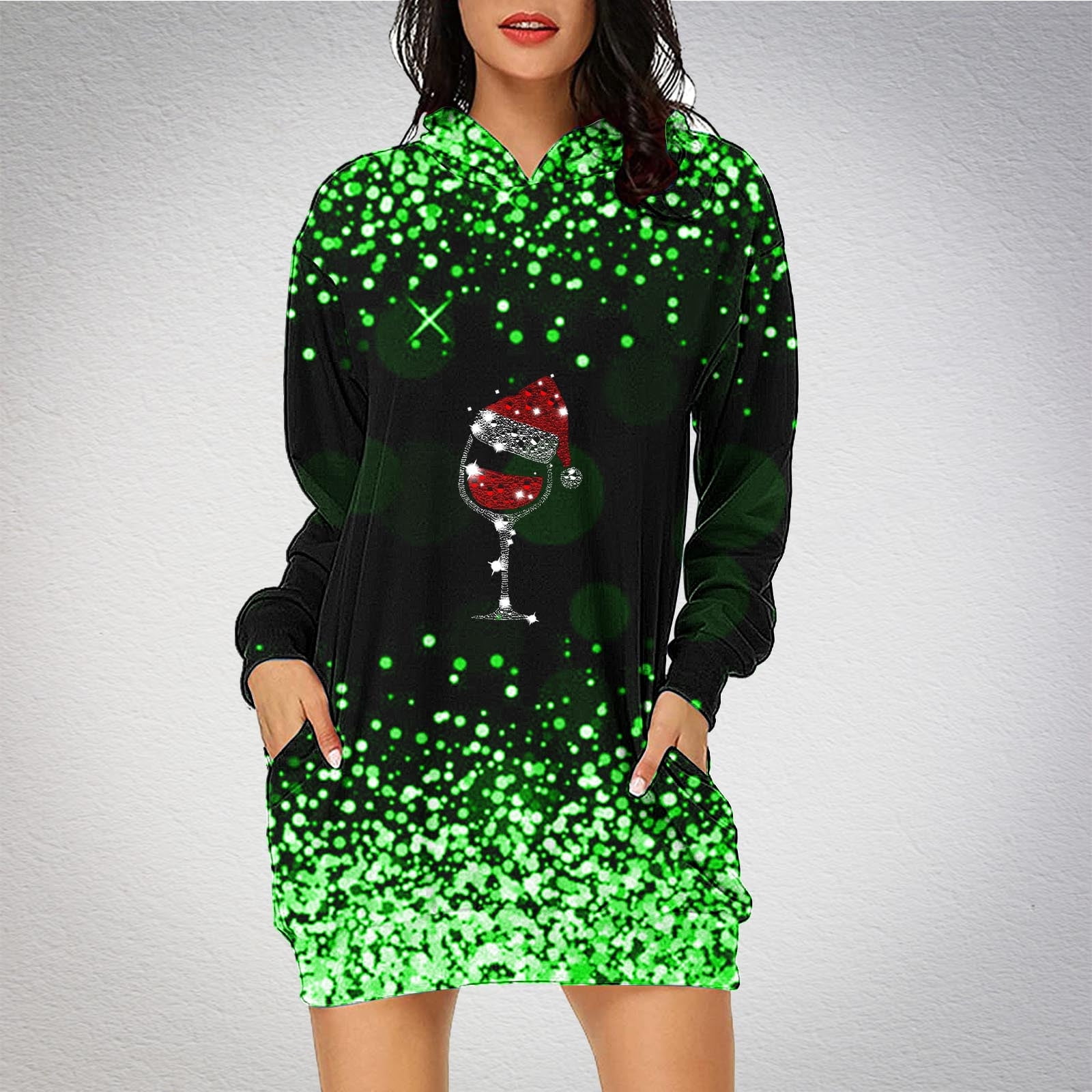Jsaierl Womens Christmas Hoodie Dress Long Sleeve Christmas Glass Print  Hooded Tunic Xmas Sweatshirt Party Dress with Pockets - Walmart.com
