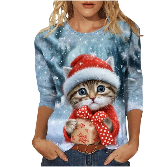 Jsaierl Womens Christmas Shirts Plus Size Cat Graphic Tees Loose Fit Ladies Round Neck T-shirt 3/4 Sleeve Holiday Blouse Tops S-5XL