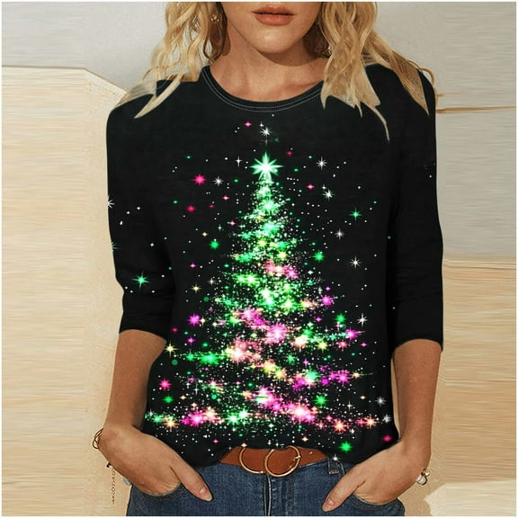 Jsaierl Womens Christmas Shirts Plus Size Xmas Tree Graphic Tees Stretch Round Neck T-shirt 3/4 Sleeve Dressy Casual Blouse Tops Christmas Costumes