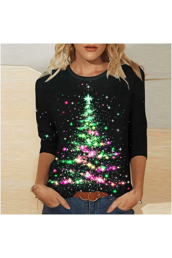 Womens Christmas Shirts Plus Size Xmas Tree Graphic Tees Stretch Round Neck T-shirt 3/4 Sleeve Dressy Casual Blouse Tops Christmas Costumes