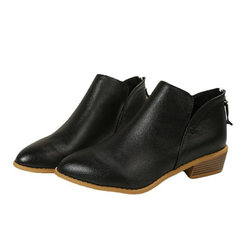 Jsaierl Womens Chunky Block Heel Ankle Boots V Cut Out Pointed Toe