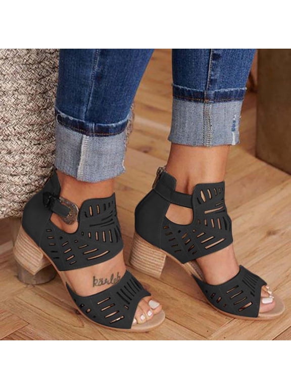 Womens Chunky Heel Sandals Dressy Summer Peep Toe Sandals Comfortable Hollow Out Sandals Trendy Breathable Sandal Size 5.5