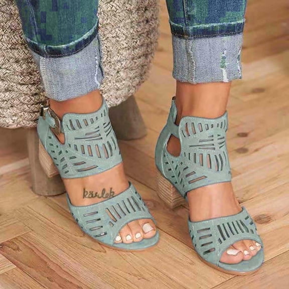 Jsaierl Womens Chunky Heel Sandals Dressy Summer Peep Toe Sandals Comfortable Hollow Out Sandals Trendy Breathable Sandal Size 6
