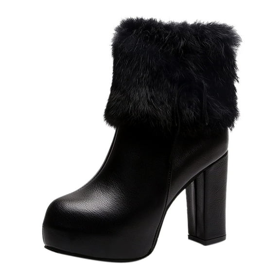 Jsaierl Womens Chunky High Heel Bow- Zipper Faux Fur Ankle Booties Womens Round Toe Chunky Heel Ankle Boots Zipper Block Heel Ankle Boots Winter Snow Boots Mid- Calf Ankle Bootie