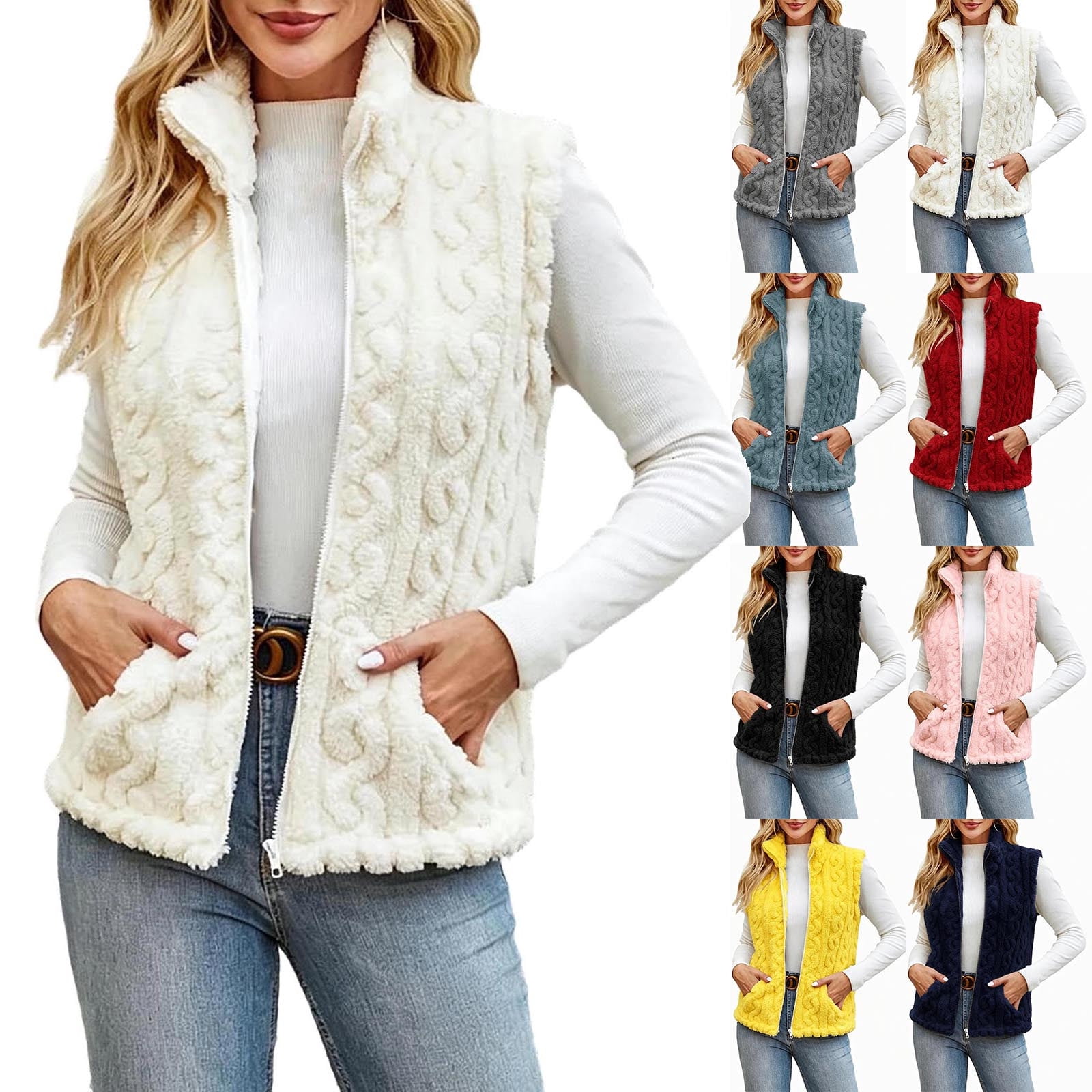 Jsaierl Womens Cozy Textured Fleece Vests Plus Size Warm Zip Up Gilet ...