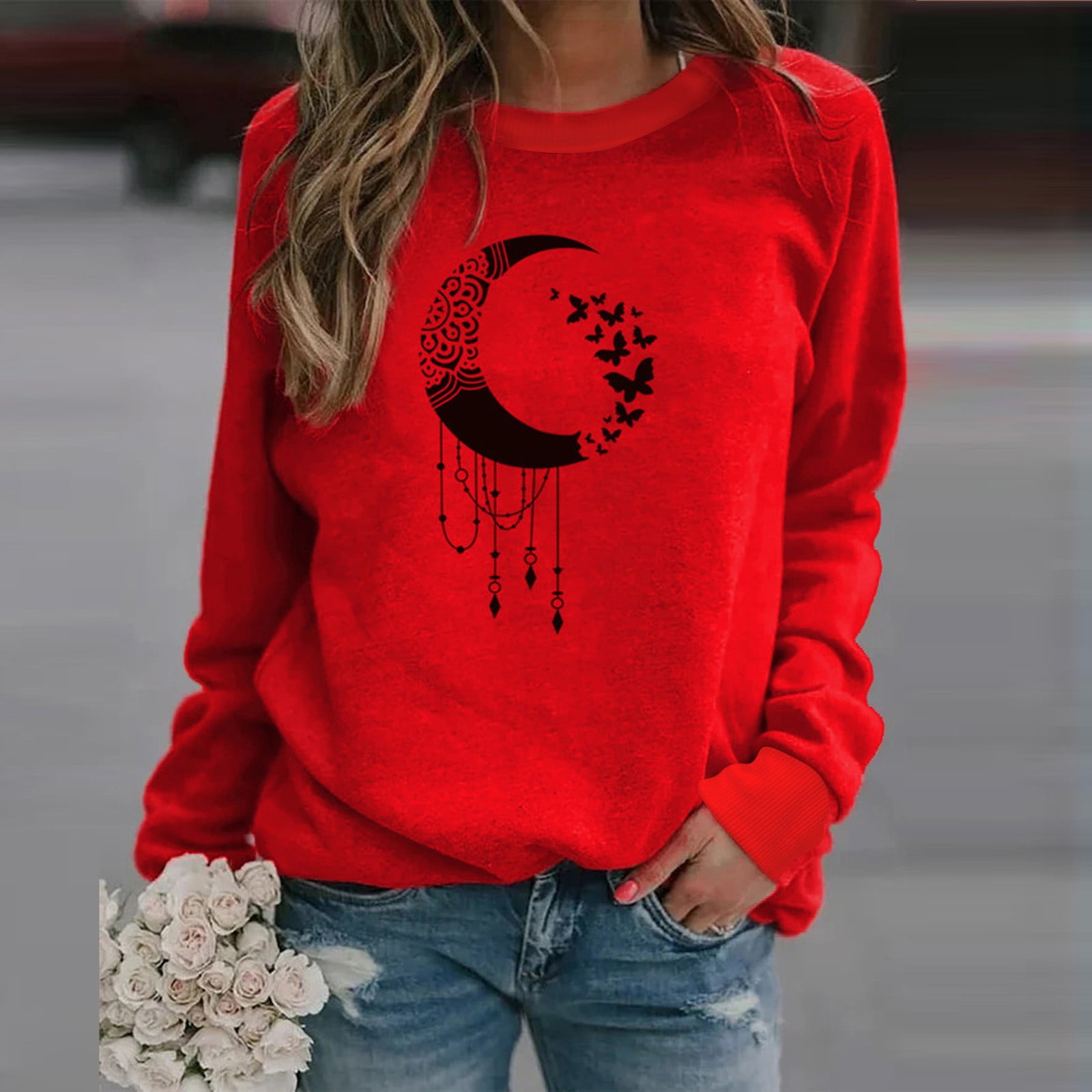 Jsaierl Womens Crewneck Sweatshirts Clearance Casual Print Sweatshirt Top Long Sleeve Workout