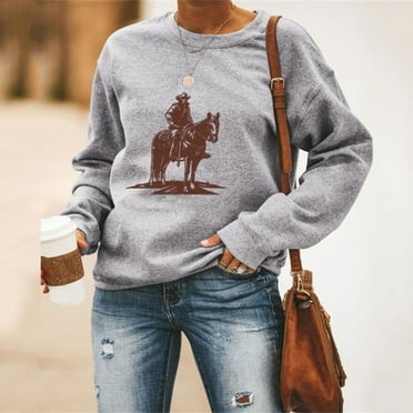 Jsaierl Womens Crewneck Sweatshirts Clearance Western Vintage Graphic Sweatshirt Top Long Sleeve Comfy Fall Pullover Oversized Sweatshirts
