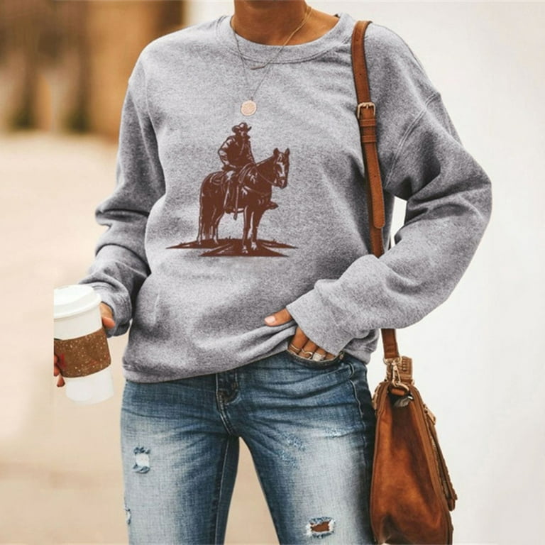 Jsaierl Womens Crewneck Sweatshirts Clearance Western Vintage Graphic  Sweatshirt Top Long Sleeve Comfy Fall Pullover Oversized Sweatshirts 