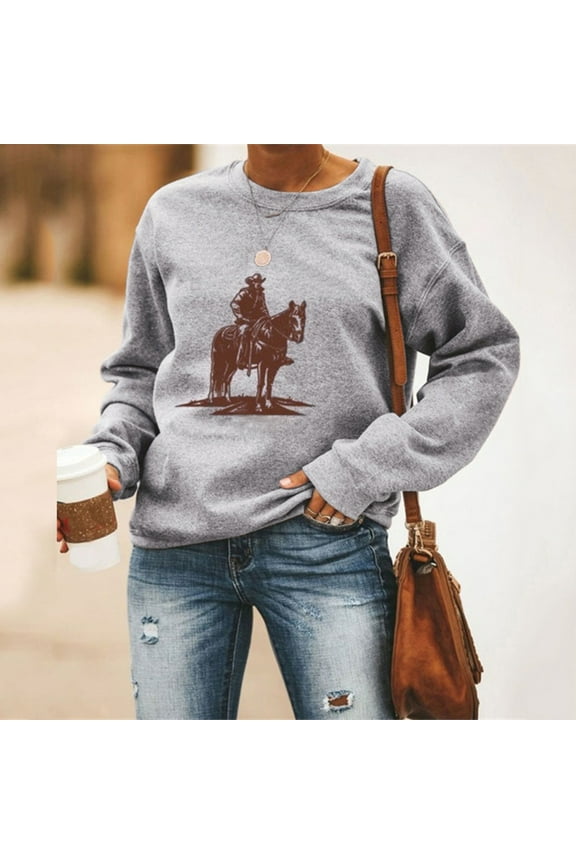 Womens Crewneck Sweatshirts Western Vintage Graphic Sweatshirt Top Long Sleeve Comfy Fall Pullover Oversized Sweatshirts