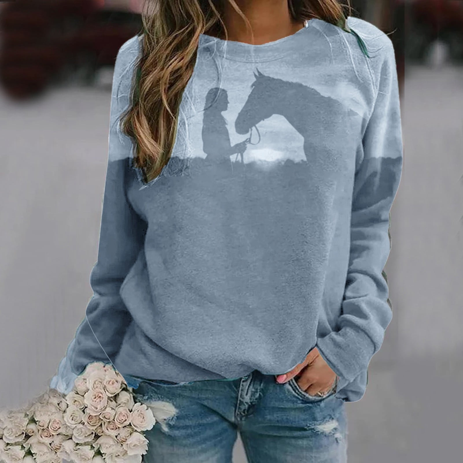 Horse print crew neck sweatshirt sale