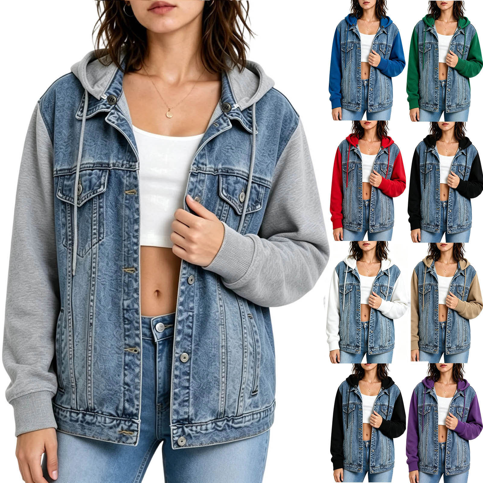 Jsaierl Womens Denim Jackets Casual Long Sleeve Coats Button Down Hooded Outerwear Fall Jean Jacket with Detachable Hood