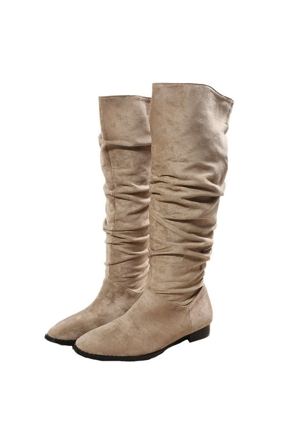 Womens Faux Suede Knee High Boots Side Zipper Flat Low Heel Boot Shoes Pointed Toe Stretch Knee High Pull On Fall Weather Winter Boots