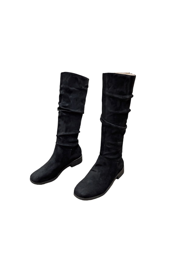 Womens Faux Suede Knee High Boots Side Zipper Flat Low Heel Boot Shoes Pointed Toe Stretch Knee High Pull On Fall Weather Winter Boots