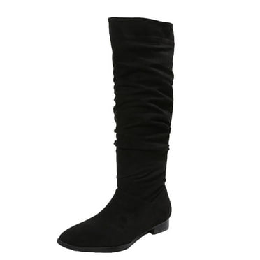 Jsaierl Womens Faux Suede Knee High Boots Side Zipper Flat Low Heel Boot Shoes Pointed Toe Stretch Knee High Pull On Fall Weather Winter Boots
