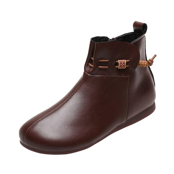 Jsaierl Womens Flat Ankle Bootie Leather Round Toe Strap Short Boots Ladies Classic Square Toe and Side Zipper Casual Shoes