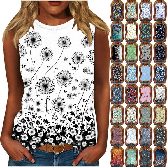 Jsaierl Womens Floral Tank Tops Crewneck Sleeveless Shirts Casual Summer Loose Fit Top Plus Size