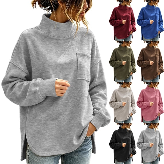 Jsaierl Womens Funnel Sweatshirts Cute Solid Color Drop Shoulder Sweatshirt Cozy Side Split Pullover Soft Work Long Sleeve Shirts