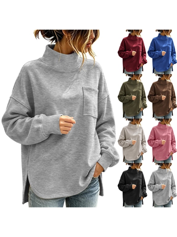 Womens Funnel Sweatshirts Cute Solid Color Drop Shoulder Sweatshirt Cozy Side Split Pullover Soft Work Long Sleeve Shirts