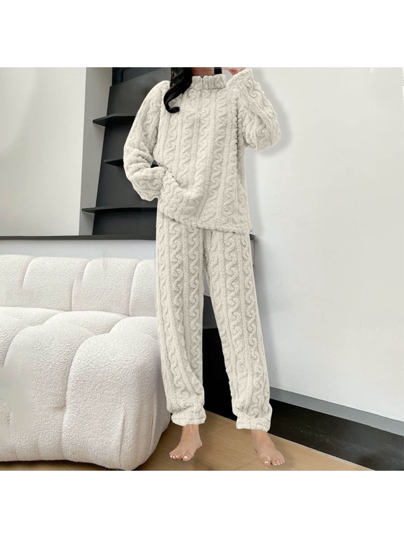 Womens Fuzzy Cute Pajamas Sets Warm Fleece Lounge Set Fluffy Pj Ladies 2 Piece Winter Cozy Pjs Set Plush Sleepwear