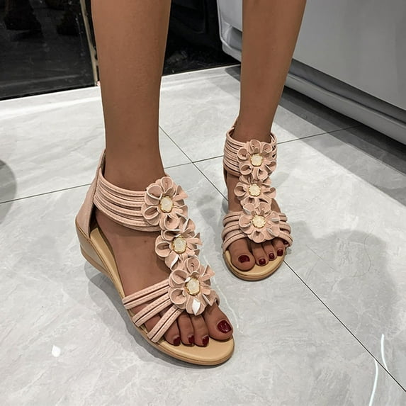 Jsaierl Womens Gladiator Sandals Casual Summer Flower Open Toe Sandals Comfortable Wedge Sandals Trendy Beach Sandal Size 7