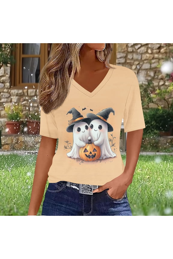 Womens Halloween Shirts Funny Pumpkin Ghost Graphic Tees Classic V Neck T-shirt Short Sleeve Dressy Casual Blouse Tops Halloween Gifts