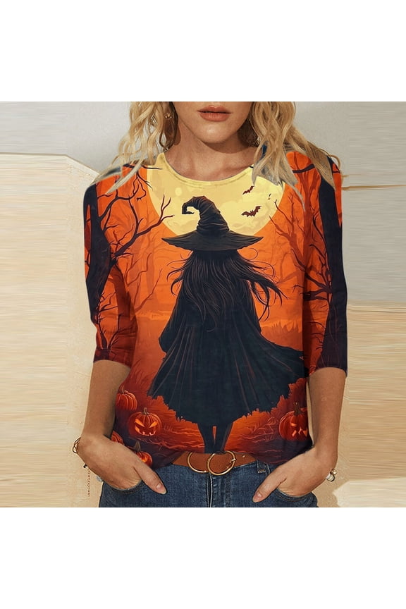 Womens Halloween Shirts Plus Size Pumpkin Ghost Graphic Tees Going Out Round Neck T-shirt 3/4 Sleeve Holiday Blouse Tops Halloween Costumes