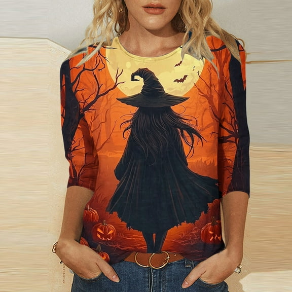 Jsaierl Womens Halloween Shirts Plus Size Pumpkin Ghost Graphic Tees Going Out Round Neck T-shirt 3/4 Sleeve Holiday Blouse Tops Halloween Costumes