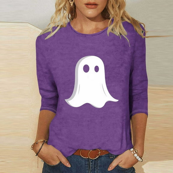Jsaierl Womens Halloween Shirts Plus Size Pumpkin Ghost Graphic Tees Trendy Round Neck T-shirt 3/4 Sleeve Tunic Blouse Tops Halloween Costumes