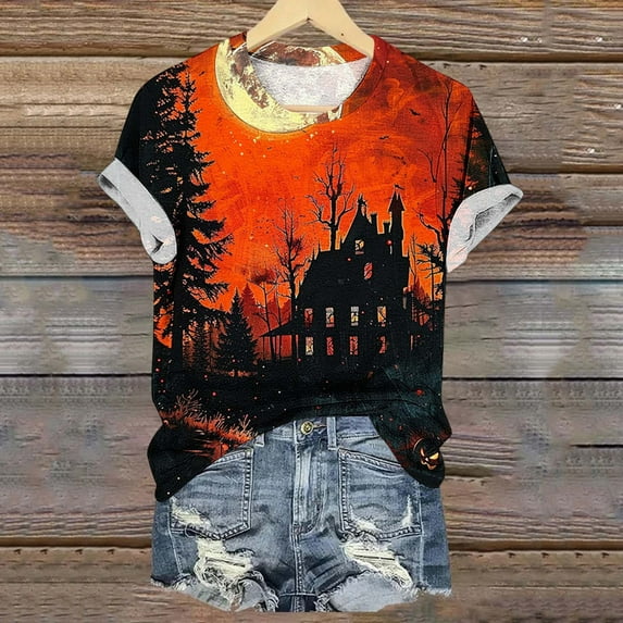 Jsaierl Womens Halloween Shirts Plus Size Pumpkin Ghost Graphic Tees Work Crewneck T-shirt Short Sleeve Tunic Blouse Tops Halloween Clothes