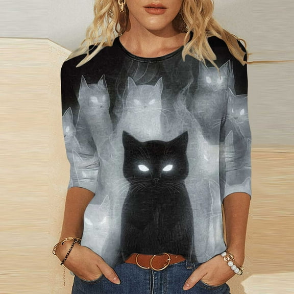 Jsaierl Womens Halloween Shirts Plus Size Pumpkin Ghost Print Tees Going Out Crewneck T-shirt 3/4 Sleeve Tunic Blouse Tops Halloween Costumes