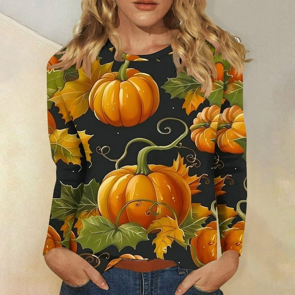 Jsaierl Womens Halloween Shirts Plus Size Pumpkin Ghost Print Tees Stretch Round Neck T-shirt Long Sleeve Holiday Blouse Tops Halloween Costumes