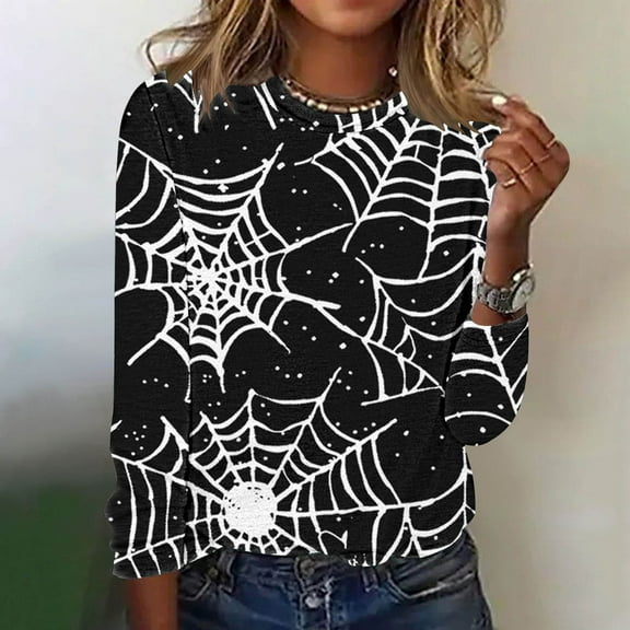 Jsaierl Womens Halloween Shirts Spooky Pumpkin Ghost Graphic Tees Trendy Round Neck T-shirt Long Sleeve Tunic Blouse Tops Halloween Costumes