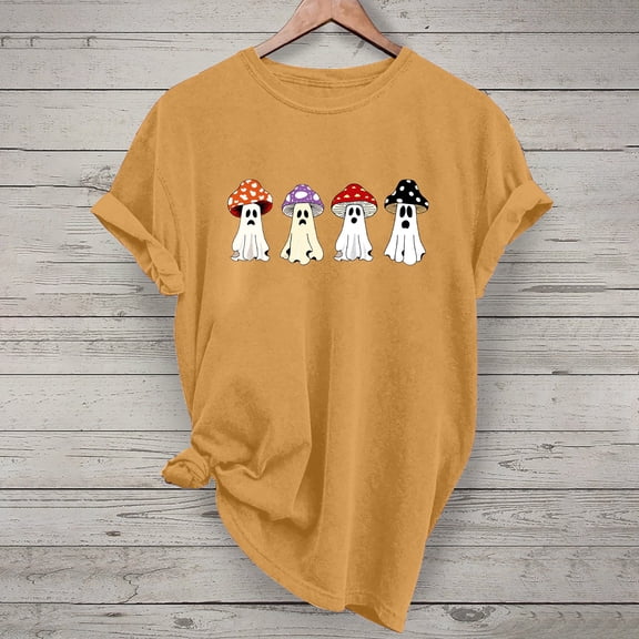 Jsaierl Womens Halloween Shirts Spooky Pumpkin Ghost Print Tees Stretch Round Neck T-shirt Short Sleeve Dressy Casual Blouse Tops Halloween Party Supplies