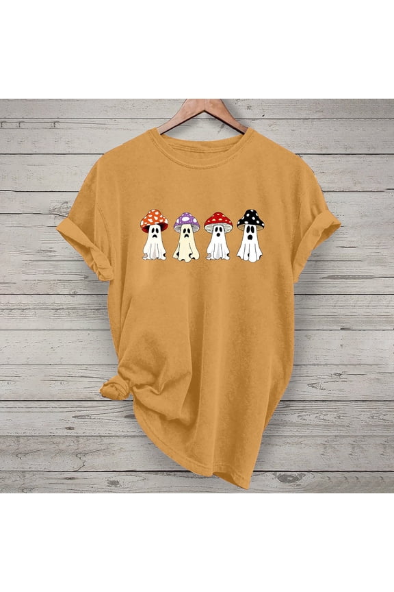 Womens Halloween Shirts Spooky Pumpkin Ghost Print Tees Stretch Round Neck T-shirt Short Sleeve Dressy Casual Blouse Tops Halloween Party Supplies