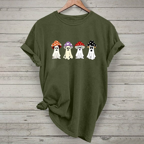 Jsaierl Womens Halloween Shirts Spooky Pumpkin Ghost Print Tees Stretch Round Neck T-shirt Short Sleeve Dressy Casual Blouse Tops Halloween Party Supplies