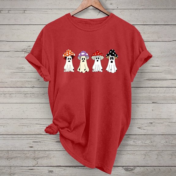 Jsaierl Womens Halloween Shirts Spooky Pumpkin Ghost Print Tees Stretch Round Neck T-shirt Short Sleeve Dressy Casual Blouse Tops Halloween Party Supplies