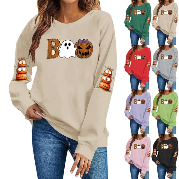 Jsaierl Womens Halloween Sweatshirts Cute Graphic Pullovers Vintage Going Out Round Neck Long Sleeve Sweater Tops Halloween Clothes, Sizes S-2XL